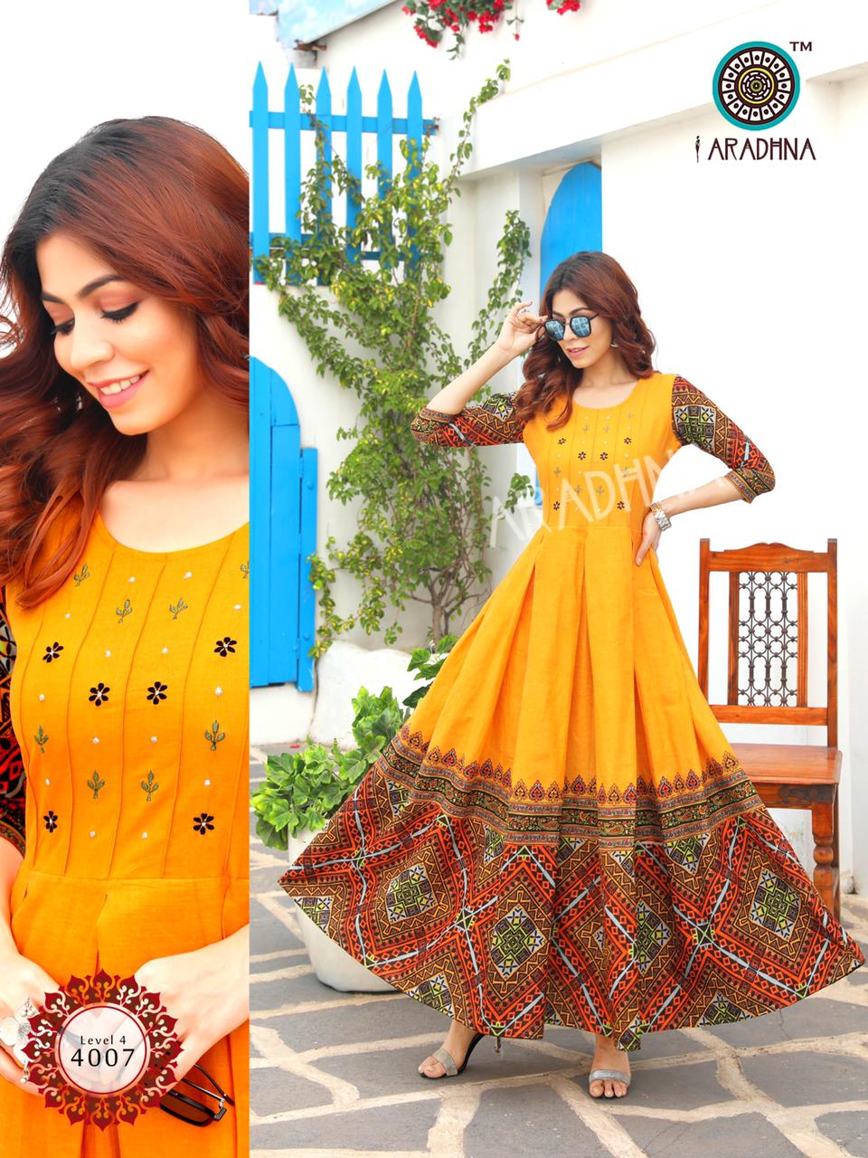 Aradhana Level 4 Latest Fancy  Printed Style Long Casual Wear Anarakali  Flair Pure Cotton Designer Kurti  Collection 

